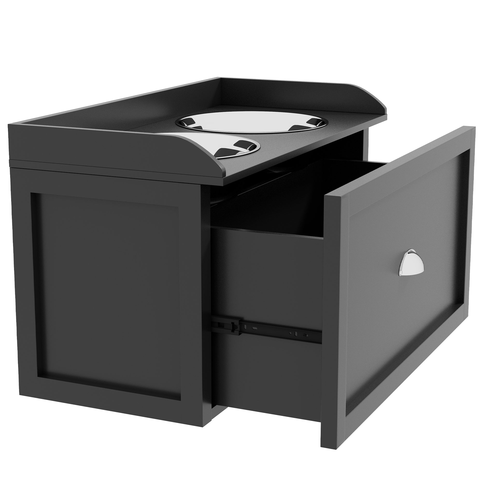 Dog feeding station equipped with 2 dish bowls with storage