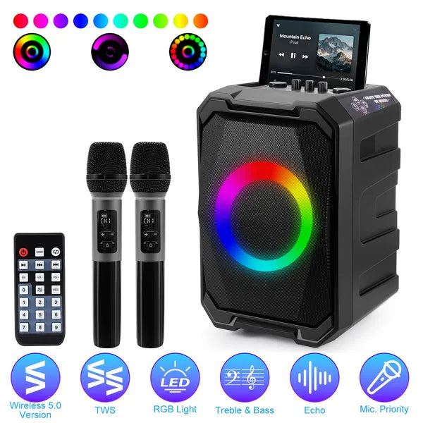 Portable Wireless Party Speaker With LED Light 2 Wireless Mics and Remote Control