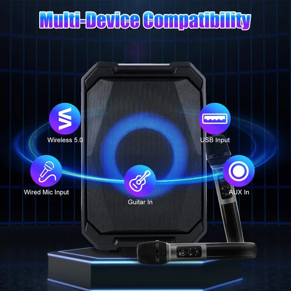 Portable Wireless Party Speaker With LED Light 2 Wireless Mics and Remote Control
