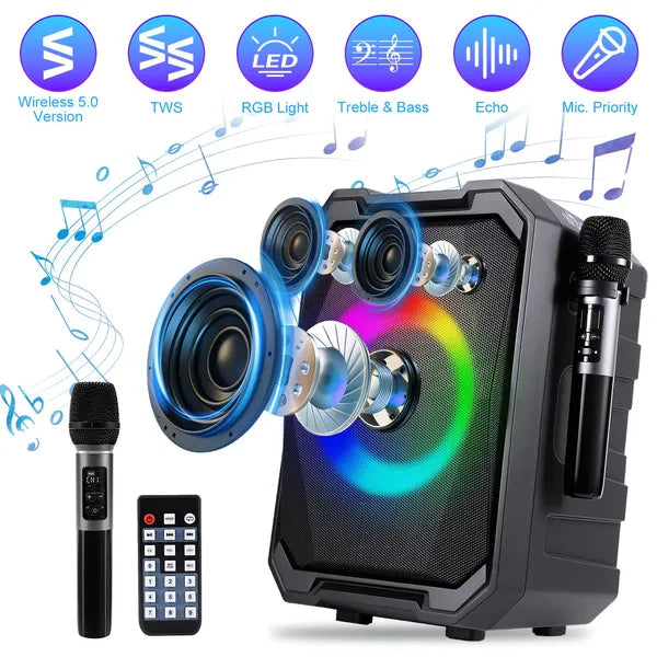 Portable Wireless Party Speaker With LED Light 2 Wireless Mics and Remote Control